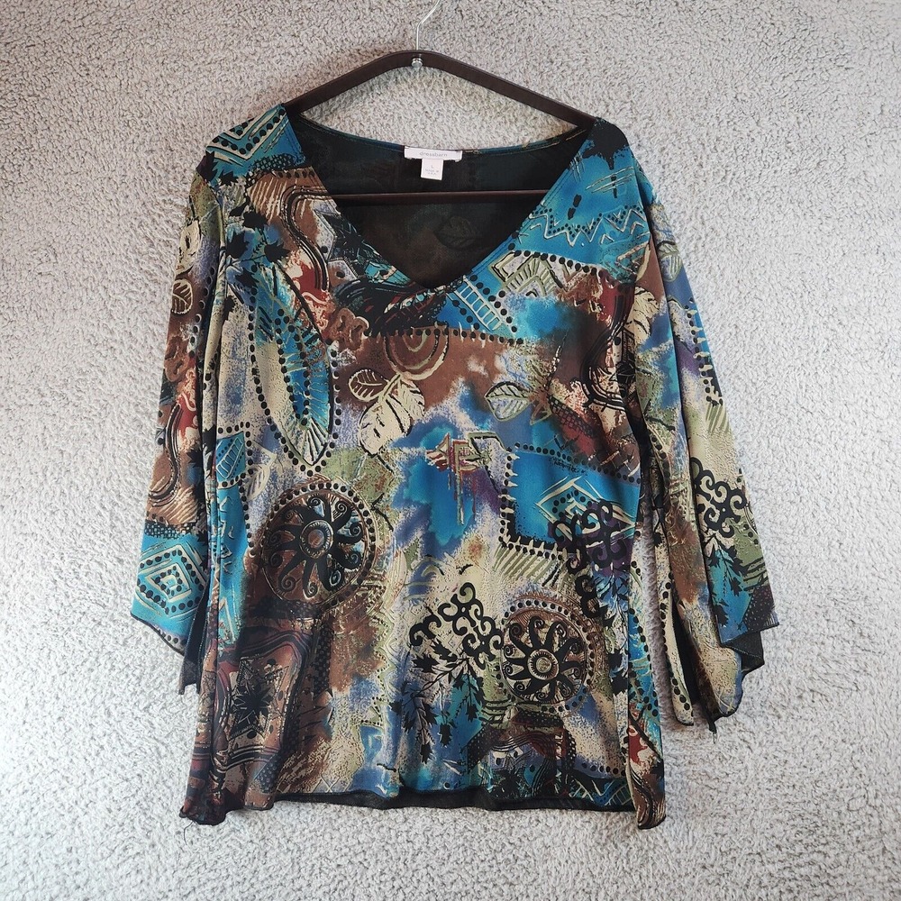 Dressbarn Blouse Top Women Large Multi Stretch Printed 3/4 Flare Sleeve Pullover